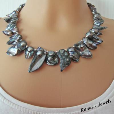 Keshi Süßwasser Zuchtperlen Kette Grau Regenbogenfarben Silberfarben Collier Handgefertigt