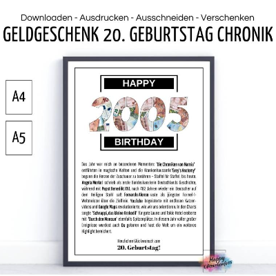 20. Geburtstag 2005 Geldgeschenk, Chronik Meilensteine, zwanzig Jahre, Geburtstagskarte, Glückwünsche, Geld