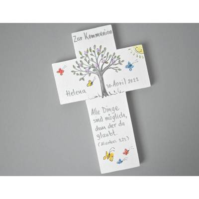 Personalisiertes Kreuz Lebensbaum Kommunion Mädchen – Geschenk Patenkind Kinderkreuz handbemalt