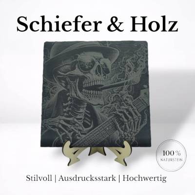 Schieferplatte mit Lasergravur | Rockige Wanddeko | Geschenkidee | Holzständer | Biker Rock Deko | Graviertes Schild