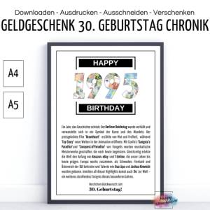 30. Geburtstag 1995 Geldgeschenk, Chronik Meilensteine, dreißig Jahre, Geburtstagskarte, Glückwünsche Geld Bild 1