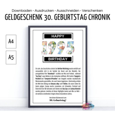 30. Geburtstag 1995 Geldgeschenk, Chronik Meilensteine, dreißig Jahre, Geburtstagskarte, Glückwünsche Geld