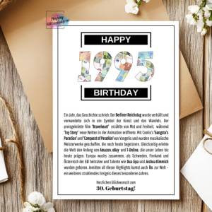 30. Geburtstag 1995 Geldgeschenk, Chronik Meilensteine, dreißig Jahre, Geburtstagskarte, Glückwünsche Geld Bild 2