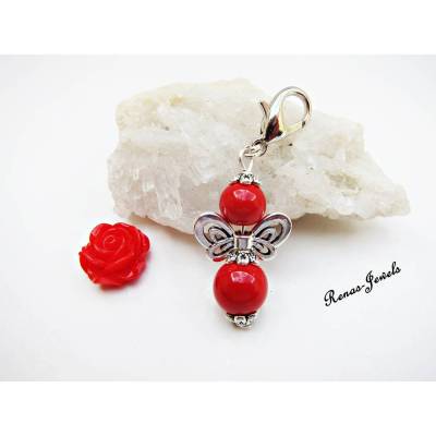 Schutzengel Anhänger rot silberfarben mit Perlen – Engelanhänger mit Karabinerhaken