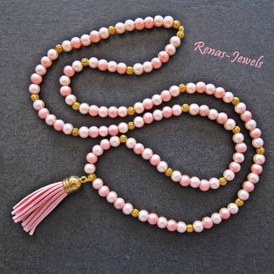 Bettelkette lang rosa goldfarben mit Perlen, Velours Quaste & Anhänger – handgefertigt