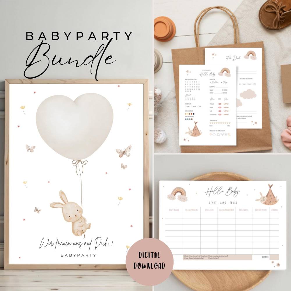 Babyparty Spiele Bundle, Ausfüllkarten, Ratespiel und Gästebuchposter zum Ausdrucken als digitaler Download Bild 1