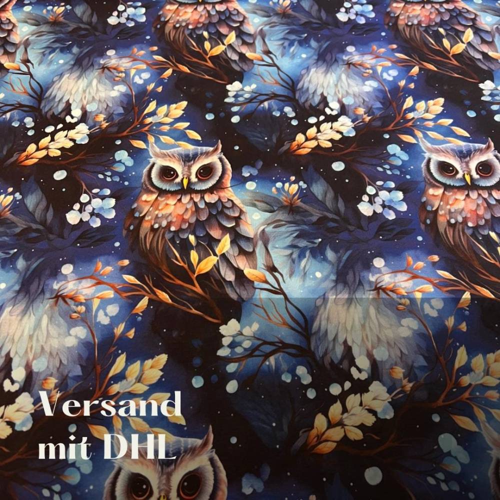 Eulen Stoff blau als French Terry Meterware von Graustufen-Stoffe