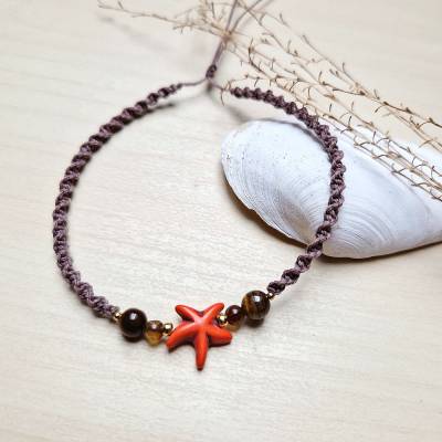 Maritimes Fußkettchen in Braun mit orangefarbenem Seestern