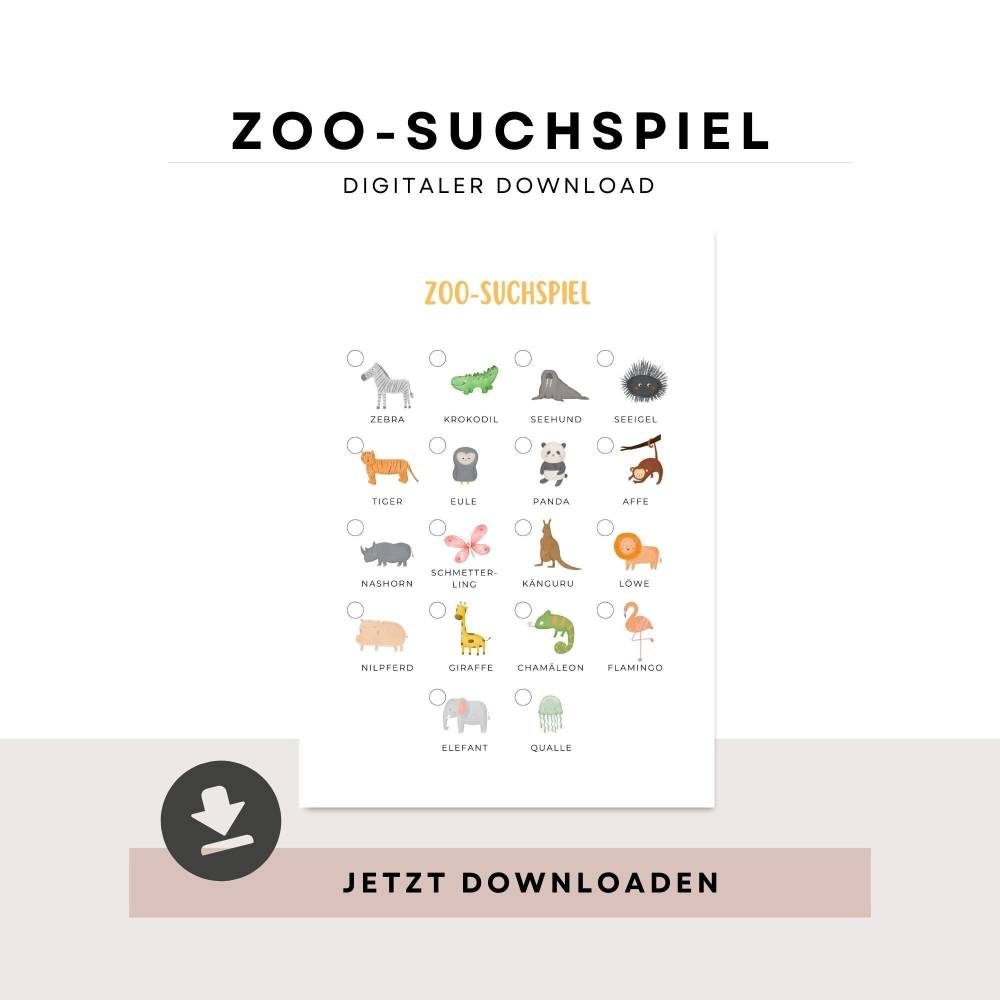 Schnitzeljagd für Unterwegs, Zoo-Suchspiel zum Ausdrucken, Spielidee für Kindergeburtstage Bild 1