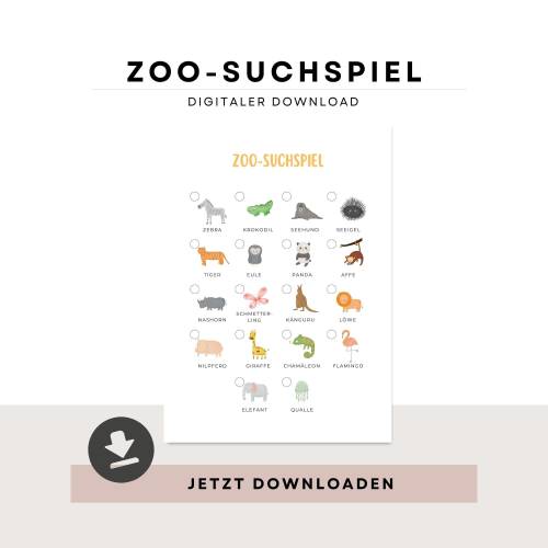 Schnitzeljagd für Unterwegs, Zoo-Suchspiel zum Ausdrucken, Spielidee für Kindergeburtstage
