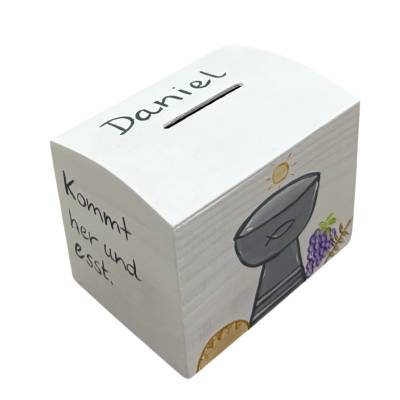 Holzspardose Spardose zur Kommunion „Kommt her und esst „