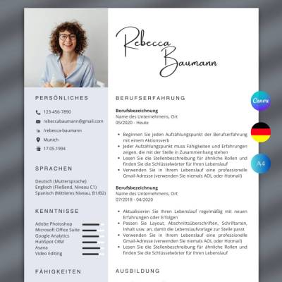 Applikationsvorlage Lebenslauf Tabellarischer Moderner CV Deutsch Bewerbungsvorlagen - Canva 