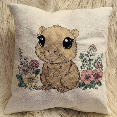 Stickdatei Capybara Wasserschwein auf Blumenwiese – Set 2517 für Kissen, Shirts und Taschen
