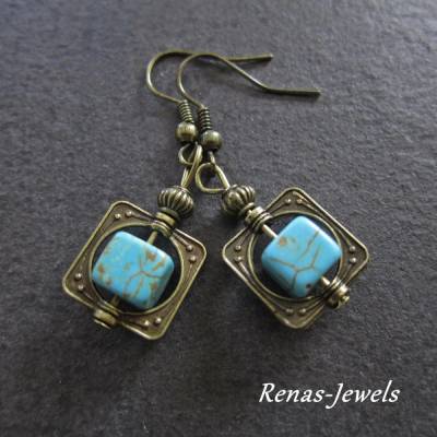 Handgefertigte Türkis Ohrhänger Würfel Perlen blau bronzefarben Edelstein Ohrringe