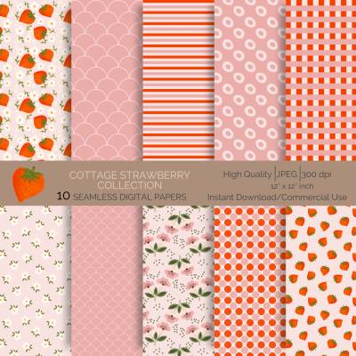 Cozy Cottage Strawberrys: 10 hand drawn Seamless Patterns for Scrapbooking and Sublimation, Paper Crafts