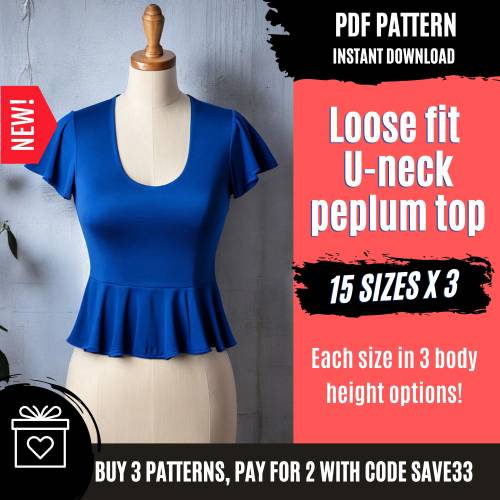 Peplum Top Pattern | Deep U-Neck Top Sewing Pattern | Flounce Top Pattern with Short Flared Sleeves | Women Top PDF Sewi