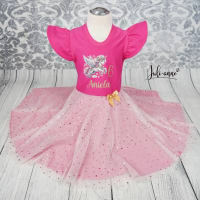Tüll Drehkleid - Kleid mit Drehrock und Tüll Einhorn Pegasus Geburtstag #Einschulung