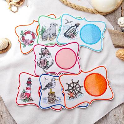 Maritimes MugRug Stickdatei Set ITH ab 13x18 cm – Untersetzer mit Anker, Leuchtturm & Robbe