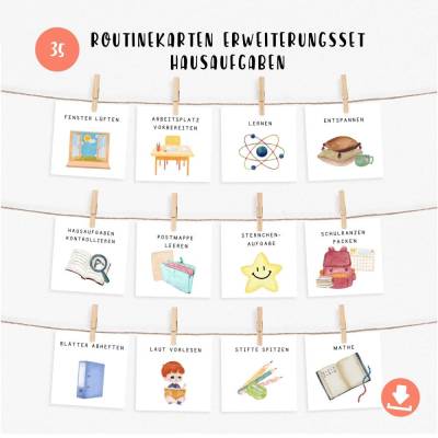Routinekarten Erweiterungsset Hausaufgaben für Kinder, passend für Wochen- und Tagesplan, PDF sofort Download