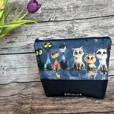 Kulturbeutel-Kosmetiktasche-Katzen-bunte Katzen-schwarz-blau