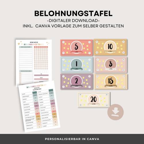 Belohnungstafel für Kinder zum Ausdrucken, PDF-Download, Wochenplan für Kinder, personalisierbare Canva Vorlage