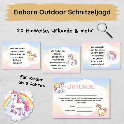 Einhorn Outdoor Schnitzeljagd mit 20 Hinweisen, Urkunde, Geschichte & mehr, Schatzsuche für Kinder ab 6 Jahren