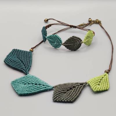 Makramee Schmuckset bestehend aus Kette und Armband Motiv Blätter 