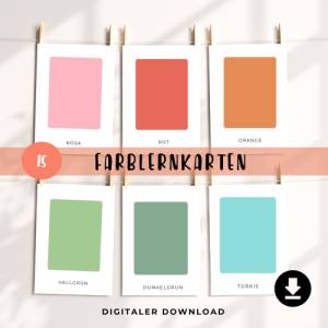 Farblernkarten für Kinder, Lernkarten Farben, Flash Cards zum ausdrucken, Frühforderung Kinder, PDF Bild 1