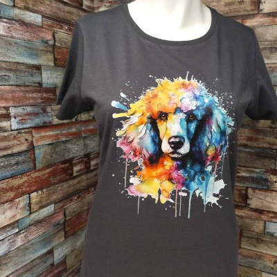 T-Shirt B&C Woman gr L in Grau mit bunten Pudel