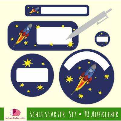 Schulstarter-Set | Rakete - 90 teilig, Namensaufkleber - blanko zum Selbstbeschriften