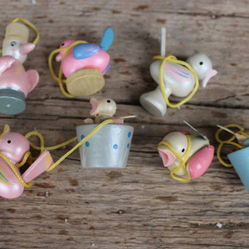 7 Vögel Strauchbehang Holz pastellfarben Erzgebirge Handbemalt Vintage