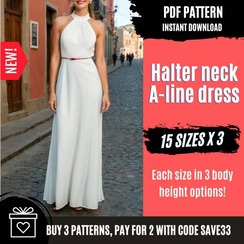 A-line dress sewing pattern  | Women sewing pattern | Halter neck dress pattern | Long dress sewing pattern | Ankle dres