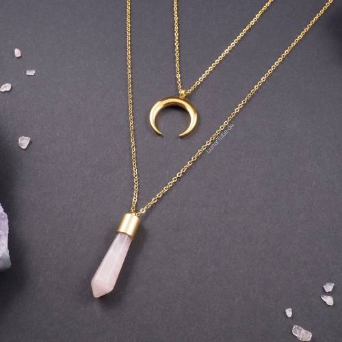Rosenquarz Halskette mit Halbmond Anhänger in Silber oder Gold, doppelte Kristallkette handgefertigt