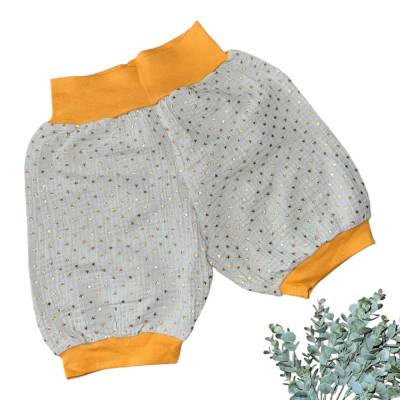 Musselinpumphose kurz mint/senf mit goldenen Foliensterne Gr. 122/128