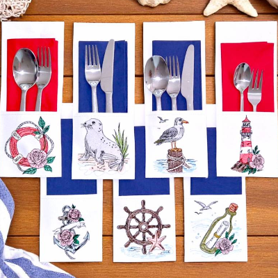 Stickdatei Set ITH – Maritimes Bestecktaschen Set ab 10x10 Rahmen | 7 maritime Motive im Scribble-Stil