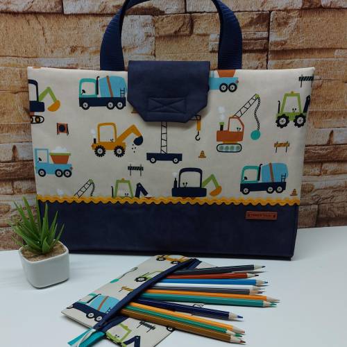 Maltasche Zeichentasche Malmappe Stiftemappe Kreativmappe für Kinder - Aufbewahrung für alle Maluten- Baufahrzeuge creme