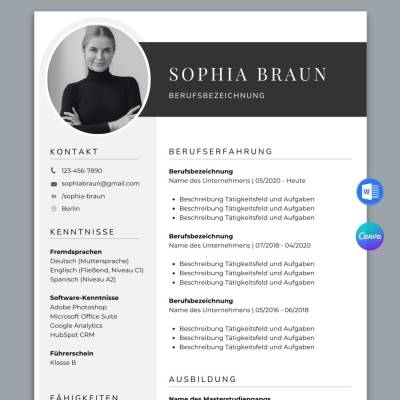 Bewerbungsvorlage deutsch | Lebenslauf Vorlage deutsch Grau und Schwarz - Word & Canva