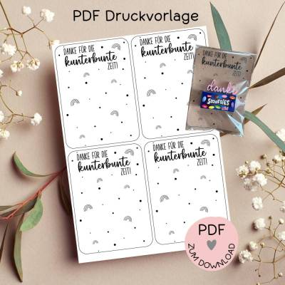 Digitale Datei, PDF-Druckvorlage Karten, DANKE FÜR DIE KUNTERBUNTE ZEIT, z.B. für Erzieherinnen, Kit