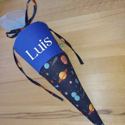Mini Schultüte mit Namen, Vorschultüte, Zuckertüte - Weltraum Planeten schwarz blau Personalisierbar