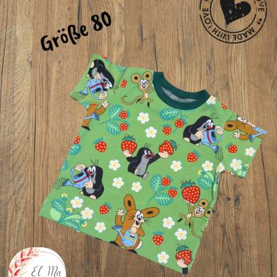T-Shirt mit Pauli dem kleinen Maulwurf - Erdbeeren in grün - Größe 80 - Sofortkauf - schneller Versand - Unikat