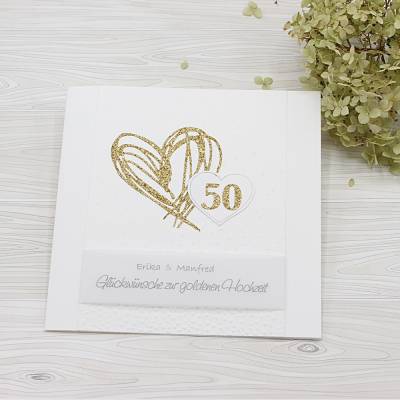 Glückwunschkarte Goldhochzeit – Personalisierte Karte mit Herz-Motiv & Transparent-Banderole