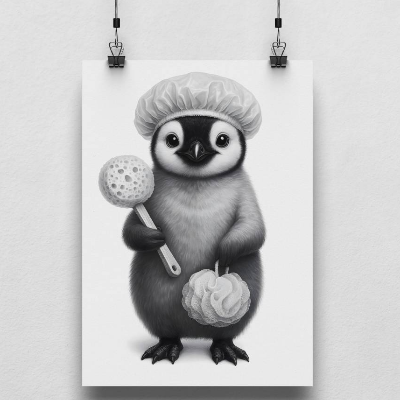 Süßes Pinguin Poster fürs Badezimmer – Lustige Wanddeko mit Duschhaube – Kinderzimmer oder Bad verschönern – DIN A3