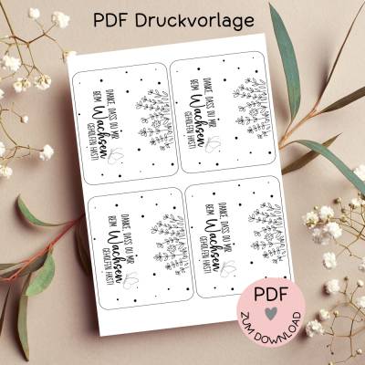 Digitale Datei, PDF-Druckvorlage Tütenklappe, DANKE, DASS DU MIR BEIM WACHSEN GEHOLFEN HAST, Geschenktütchen, Erzieherin