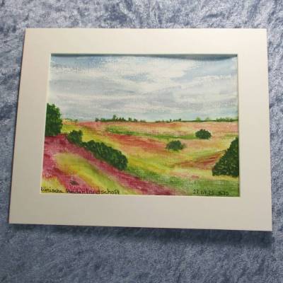 Dänische Heidelandschaft, Gemälde, das Bild ist 15 x 21 cm, ORIGINAL, mit Gouache und Aquarellfarben gemalt.