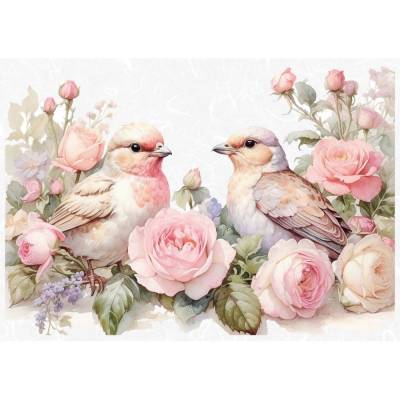 Reispapier - Motiv Strohseide - A4 - Decoupage - Vintage - Shabby - Vogel - Rose - 200562