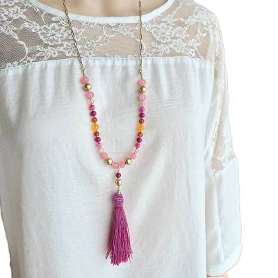 Gliederkette aus Edelstahl, bunte lange Perlenkette, Quastenkette für Damen