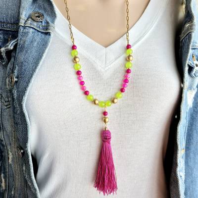 Gliederkette aus Edelstahl, bunte lange Perlenkette, Quastenkette für Damen