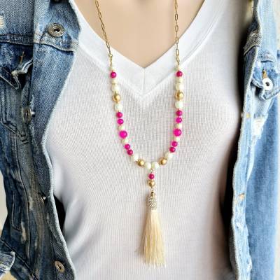 Gliederkette aus Edelstahl, bunte lange Perlenkette, Quastenkette für Damen