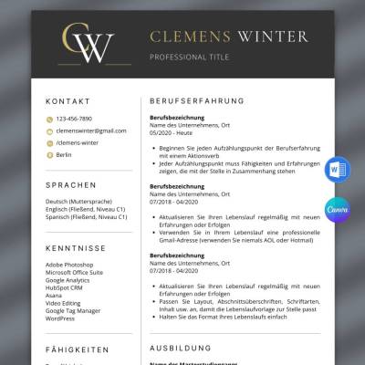 Lebenslauf Vorlage Bewerbung, Lebenslauf Vordruck, Tabellarischer CV – Word, Canva