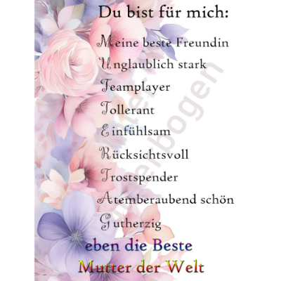Wunderschön designte Karte zum Muttertag- Din A5 – Sofortiger Download PNG